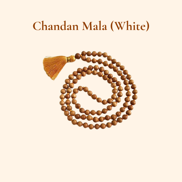 White Chandan Mala prayer beads for meditation and spiritual rituals.